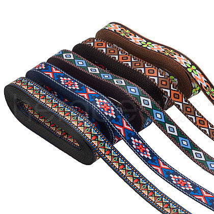 5Pcs 5 Colors Ethnic Style Polyester Rhombus & Flower Ribbon Set OCOR-WH0085-54-1
