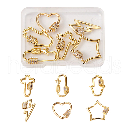 6Pcs 6 Styles Brass Micro Pave Clear Cubic Zirconia Keychain Clasps KK-TA0001-21-1