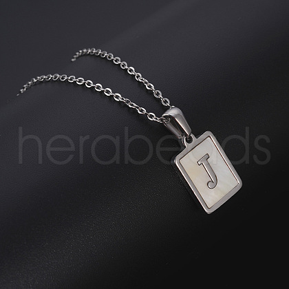 Rectangle Stainless Steel Pave Natural White Shell Pendant Necklaces FS-WG3D812-10-1