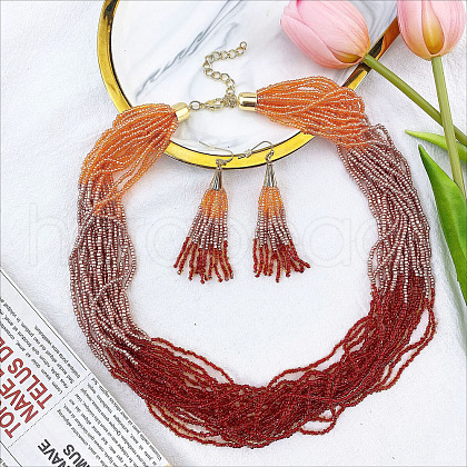 Bohemian Style Acrylic Seed Beaded Multilayer Necklaces & Tassel Dangle Earrings Sets FS-WG5C0BD-02-1