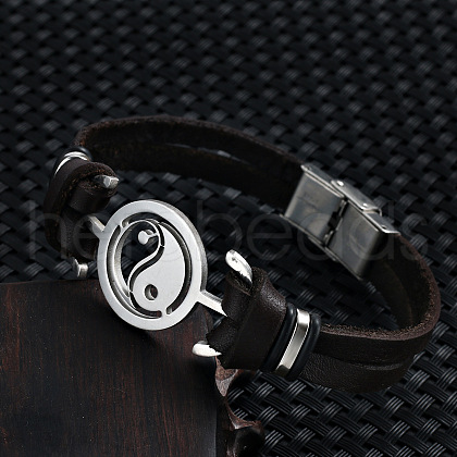 Stainless Steel Yin Yang Link Bracelet with Leather Cords PW-WG54823-02-1