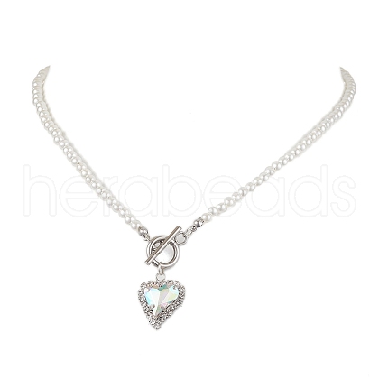 Heart Brass Pave Glass Rhinestone Pendant Necklaces NJEW-JN04954-1