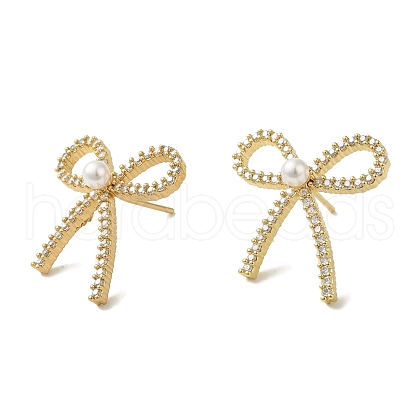 Rack Plating Brass Micro Pave Clear Cubic Zirconia Bowknot Stud Earrings for Women EJEW-P280-27G-1