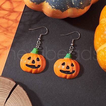 304 Stainless Steel Opaque Resin Pumpkin Dangle Earrings EJEW-JE06478-1