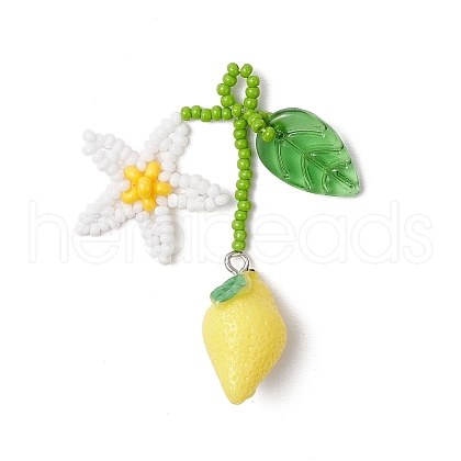 Resin & Handmade Glass Seed Beaded Flower Lemon Big Pendants PALLOY-MZ00771-01-1