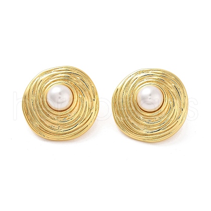 Rack Plating Flat Round Brass ABS Imitation Pearl Stud Earrings EJEW-M029-05G-1