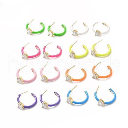 Clear Cubic Zirconia Heart Stud Earrings with Enamel EJEW-K093-07G-1