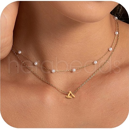 2Pcs 304 Stainless Steel & White Plastic Imitation Pearl Letter Pendant Double Layer Necklaces FS-WG86091-19-1
