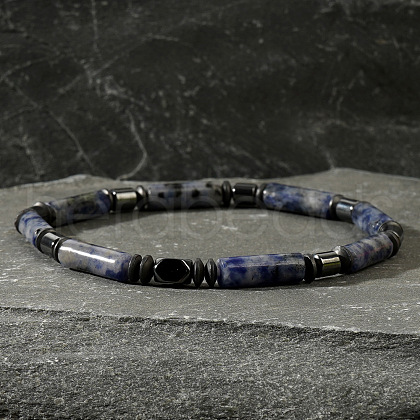 Natural Blue Spot Jasper Cylinder Beads Stretch  Bracelets for Men UU8549-1
