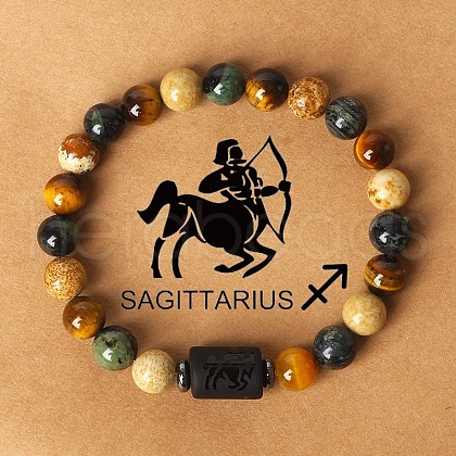 12 Constellations Natural Tiger Eye & Picture Jasper Round Beaded Stretch Bracelets for Men Women WG21EC3-06-1