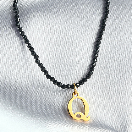 304 Stainless Steel Initial Pendant Black Glass Faceted Round Beaded Pendant Necklaces for Women FS-WGC61DE-17-1