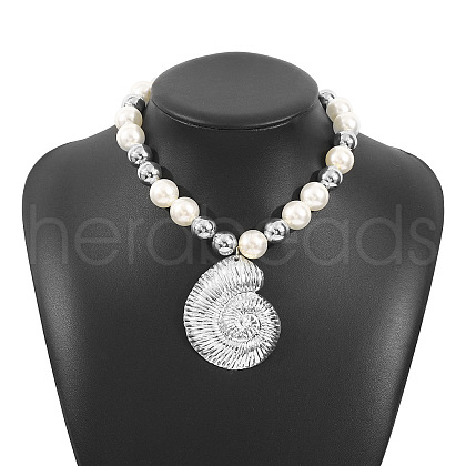 Shell Shape Alloy Pendant Plastic Imitation Pearl & CCB Plastic Round Beaded Necklaces for Women FS-WG1A62A-02-1