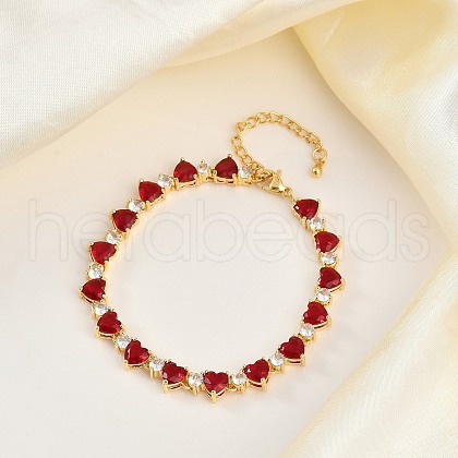 Brass Micro Pave Red Cubic Zirconia Link Chain Bracelets for Women BJEW-M047-02B-1