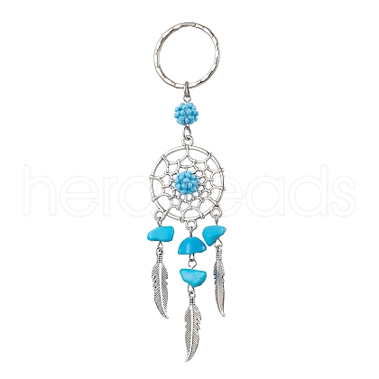 Woven Net/Web with Feather Alloy & Synthetic Turquoise & Glass Seed Keychains KEYC-MZ00041-04-1