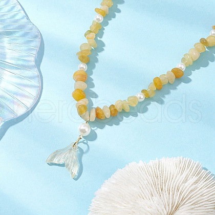 Natural Topaz Jade Chip & Imitaton Round Pearl Beaded Adjustable Necklaces NJEW-JN05227-02-1