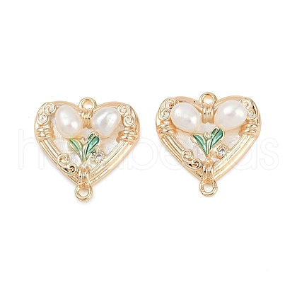 Brass Enamel & Natural Pearl Heart with Flower Connector Charms KK-K351-52G-01-1