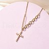 304 Stainless Steel & ABS Plastic Imitation Pearl Cross Pendant Necklaces NJEW-S442-09G-1