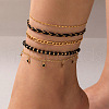 5Pcs Bohemian Alloy & Glass Seed Beaded & Rhinestone Flat Round Tassel Anklet Sets FS-WG9E669-01-1