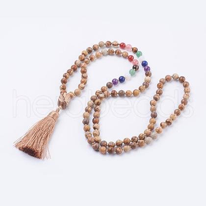 Natural Picture Jasper Tassel Pendant Necklaces NJEW-P193-A02-1