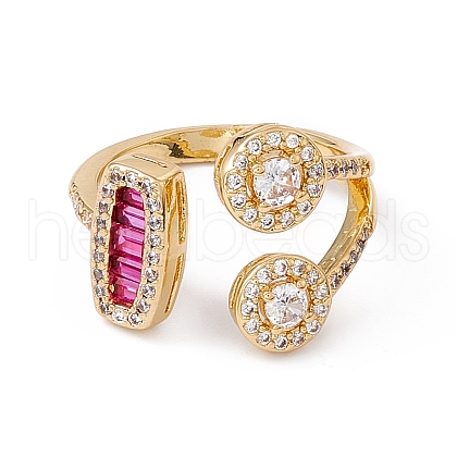Cerise Cubic Zircon Flat Round & Rectangle Open Cuff Ring RJEW-B043-09-1