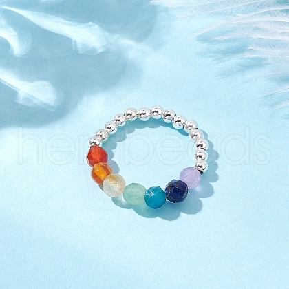 Natural Amethyst & Natural Lapis Lazuli & Natural Apatite & Natural Green Aventurine & Natural Citrine & Brass Beads Chakra Rings RJEW-TA00185-02-1