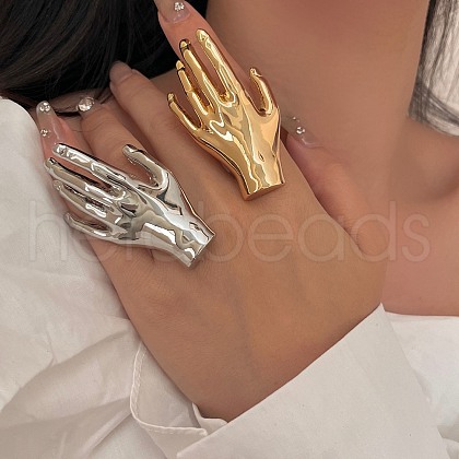 Palm Hand Alloy Open Cuff Rings for Women RJEW-Z047-02P-1