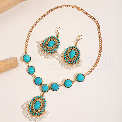 Bohemian Style Oval Alloy & Synthetic Turquoise Earrings & Necklaces Sets WG86A2C-09-1