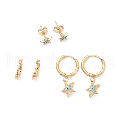 3 Pairs 3 Style Synthetic Shell Star with Enamel Evil Eye Dangle Hoop Earrings EJEW-B020-06G-1