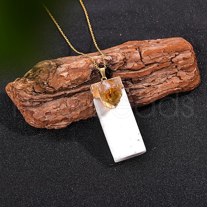 Natural Yellow Quartz & Selenite Rectangle Pendant Necklaces PW-WGF8248-05-1