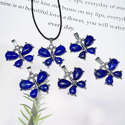Butterfly Alloy Pave Natural Lapis Lazuli Pendant Imitation Leather Cord Necklaces FS-WG1163A-11-1