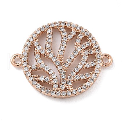Rack Plating Brass Micro Pave Clear Cubic Zirconia Flat Round with Tree Connector Charms KK-A234-034RG-1