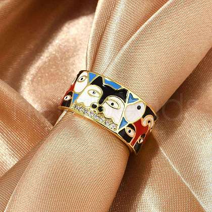 Brass Micro Pave Cubic Zirconia Enamel Cuff Rings for Women RJEW-L113-019G-04-1