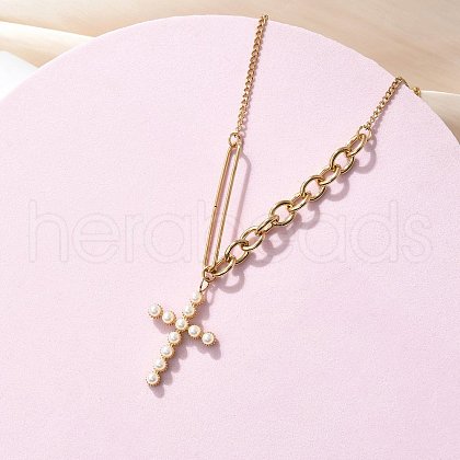 304 Stainless Steel & ABS Plastic Imitation Pearl Cross Pendant Necklaces NJEW-S442-09G-1