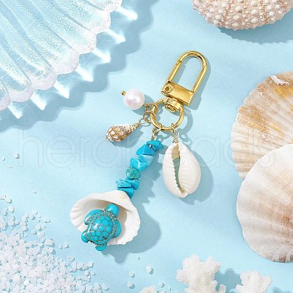 Synthetic Turquoise Chip Beads and Shell Pendant Decorations HJEW-JM02915-01-1