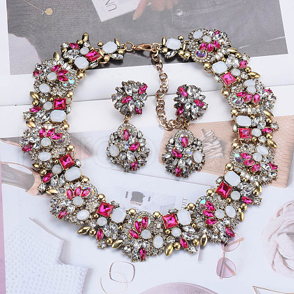 Flower Alloy Rhinestone Chain Necklaces & Stud Dangle Earrings Sets FS-WG8AADA-05-1