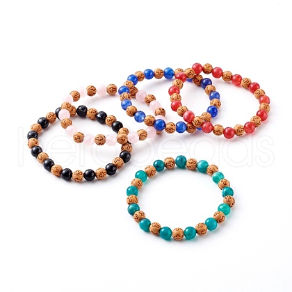 Imitation Wood & Gemstone Style Acrylic Beaded Stretch Bracelets BJEW-JB06229-1