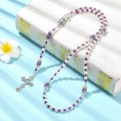 Cross & Virgin Mary Alloy Rosary Bead Necklaces NJEW-JN05123-04-1