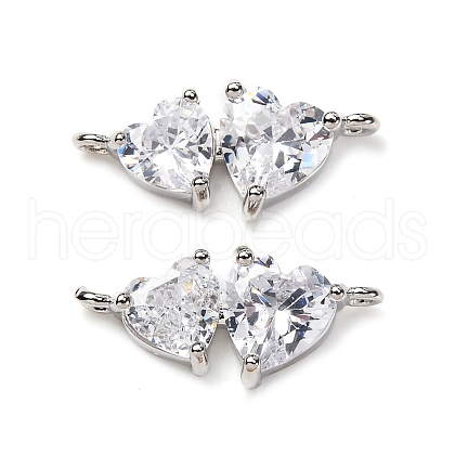 Brass Pave Clear Cubic Zirconia Double Heart Connector Charms KK-P308-74P-1