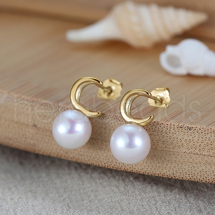 Natural Pearl Ear Studs for Women EJEW-P231-11G-1