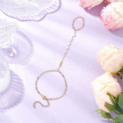 Handmade Brass Curb Chains with Faceted Glass Links Finger Ring Bracelets for Women BJEW-JB11773-1