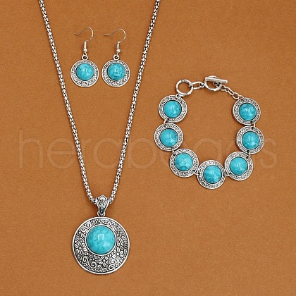 Alloy with Synthetic Turquoise Pendant Necklaces & Link Bracelets & Dangle Earring Sets WGBFEA3-08-1