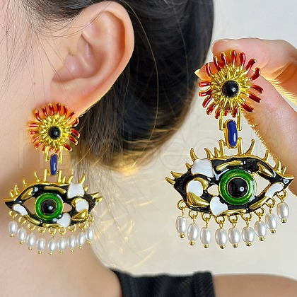 Alloy Enamel Evil Eye Dangle Stud Earrings EJEW-C144-01G-1