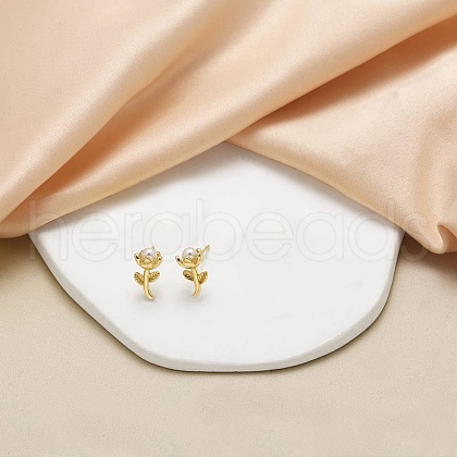 Flower Brass Plastic Pearl Stud Earrings EJEW-U059-06G-1