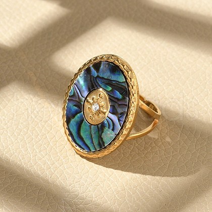 Oval 304 Stainless Steel & Paua Shell & Rhinestone Cuff Rings for Women RJEW-G346-06G-02-1