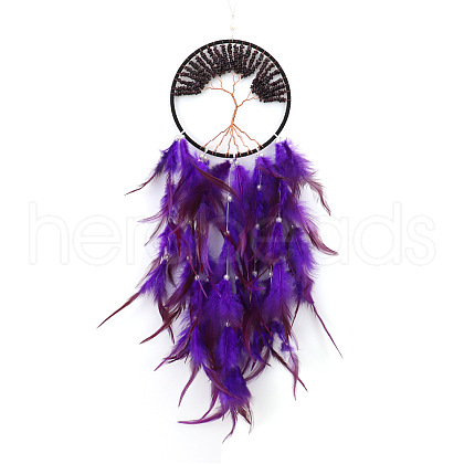 Tree of Life Wrapped Natural Garnet Chips Woven Web/Net with Feather Decorations PW-WG91800-09-1