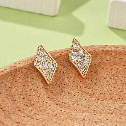 Rhombus Brass Micro Pave Clear Cubic Zirconia Stud Earrings for Women EJEW-G428-16G-1