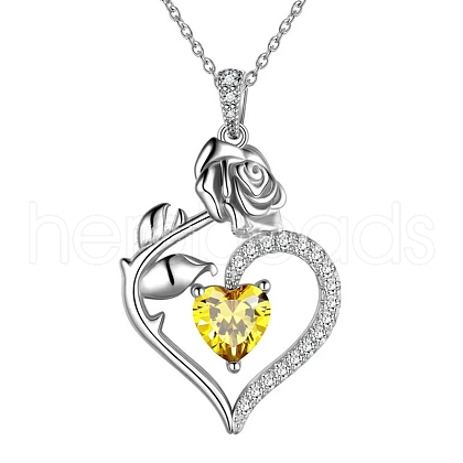 Rhodium Plated 925 Sterling Silver Pave Cubic Zirconia Rose Heart Birthstone Pendant Cable Chain Necklaces PW-WGEE50C-11-1