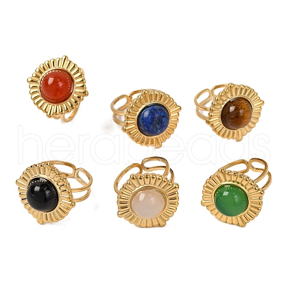 Round Natural Mixed Stone Finger Rings RJEW-Q822-20G-1
