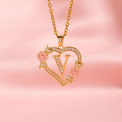 Brass Crystal Rhinestone Hollow Rose Heart with Letter Pendant Necklaces for Women WGC1928-22-1