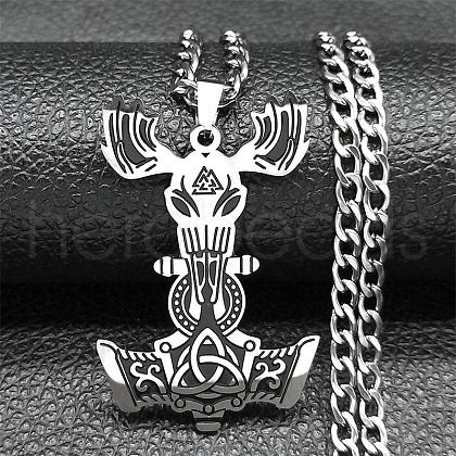 304 Stainless Steel Viking Mjolnir Thor Hammer Pendant Twisted Chain Necklaces for Men NJEW-S440-05AS-1